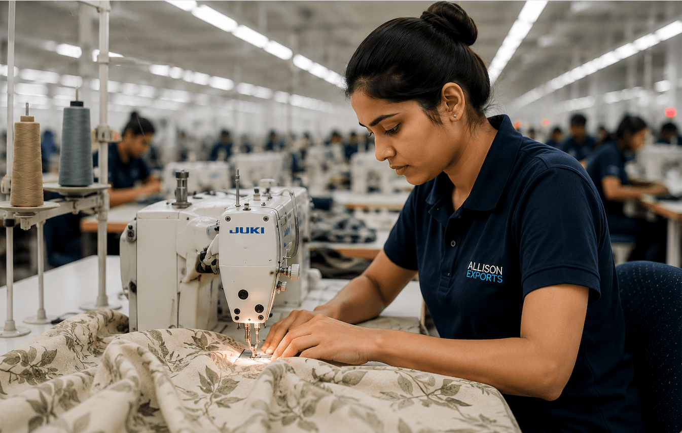 Garment factory worker at sewing machine