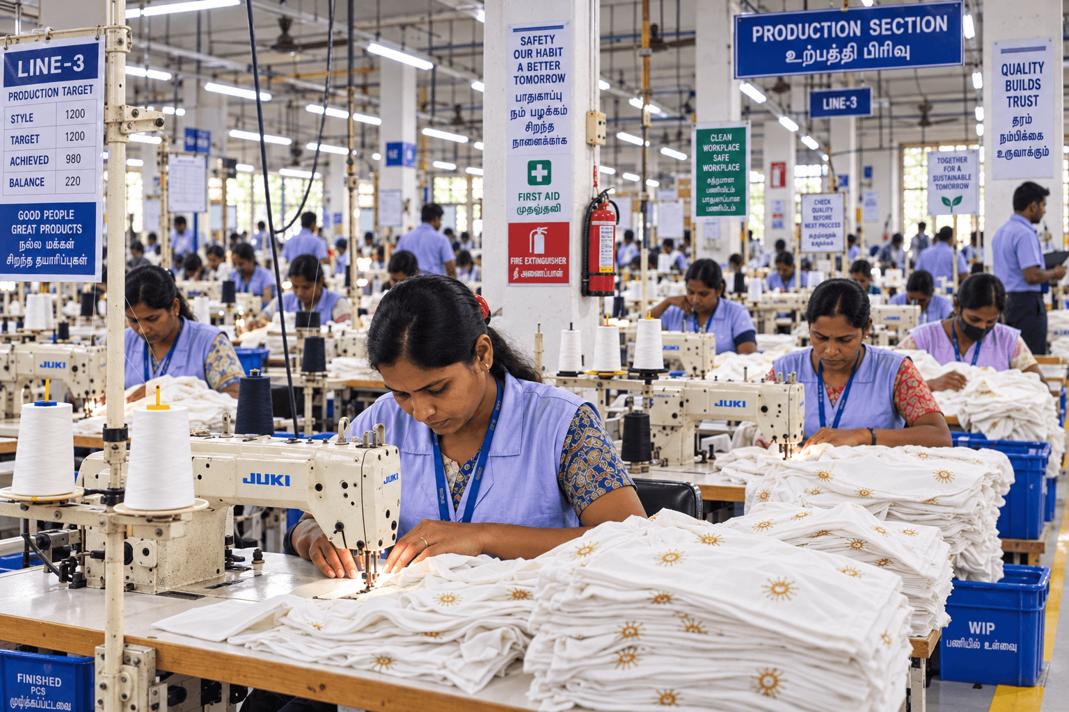 Factory workers at production line